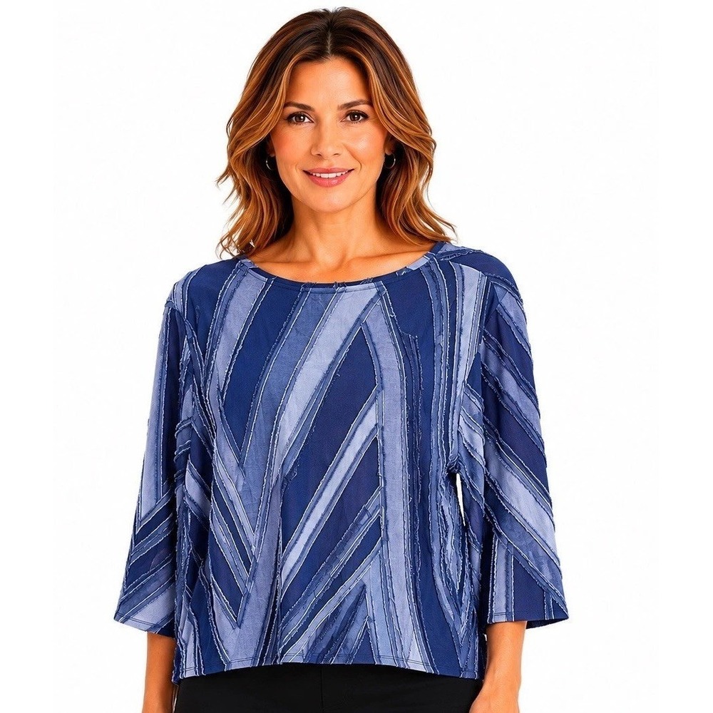 Simply Vera Vera Wang Womens L Blue Textured Ruffle Stripe Tunic Blouse Top